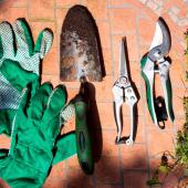 Gloves, a trowel, shears and a few picked weeds show all the tasks to get done in the garden in April.