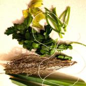 Bouquet garni ingredients: thyme, bay laurel, leek greens, parsley, rosemary (not shown).